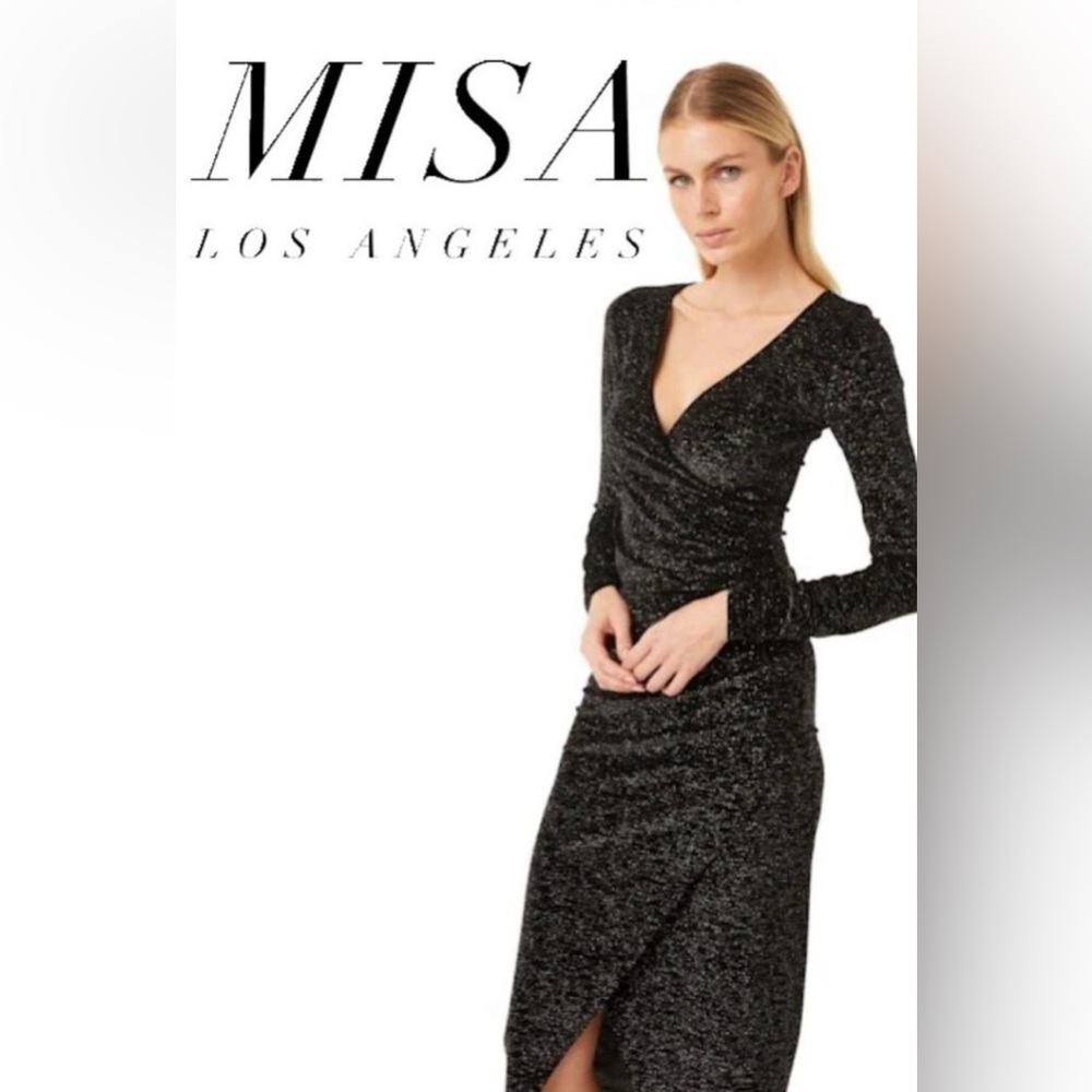 MISA LOS ANGELES Setarah Metallic
Faux-Wrap Midi Dress Astral Dusted, NWT